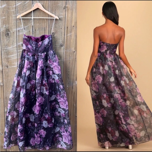 Purple Floral Strapless Bustier Chiffon Organza Maxi Dress 🌿 - Picture 3 of 11
